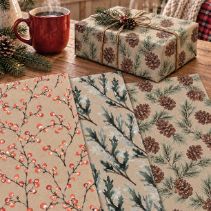 Rustic Kraft Juniper Pine Cones & Ilex Berries Wrapping Paper Sheets