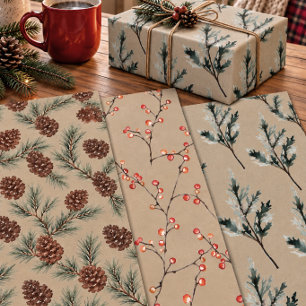 Rustic Kraft Juniper Pine Cones Ilex Berries Wrapping Paper Sheets