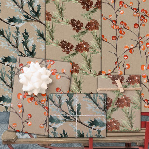 Rustic Kraft Juniper Pine Cones & Ilex Berries Wrapping Paper Sheets