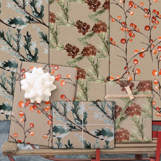 Rustic Kraft Juniper Pine Cones & Ilex Berries Wrapping Paper Sheets (Rustic Kraft Juniper Pine Cones & Ilex Berries Christmas Holiday Gift Wrapping Sheets Trio)
