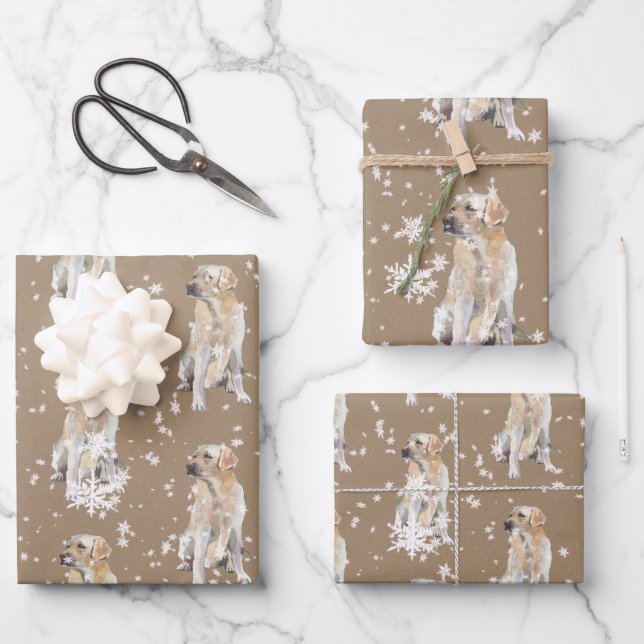 Rustic Kraft Labrador Retriever Dog Falling Snow Wrapping Paper Sheets (Front)