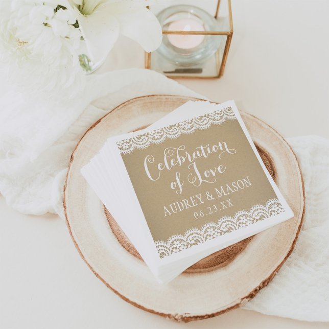 Rustic Kraft Lace Celebration of Love Wedding Paper Napkins (Creator Uploaded)
