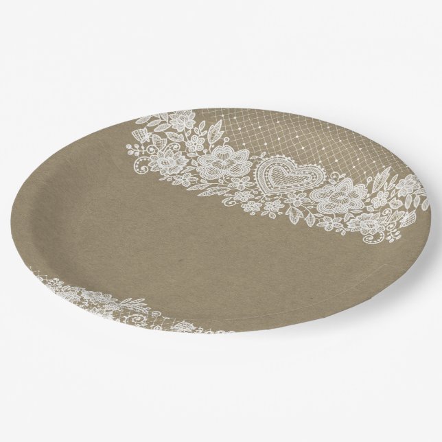 Rustic Kraft & Lace Farmhouse Barn Chic Paper Plates (Angled)