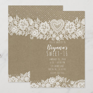 Rustic Kraft Lace Farmhouse Sweet 16 Birthday Invitation