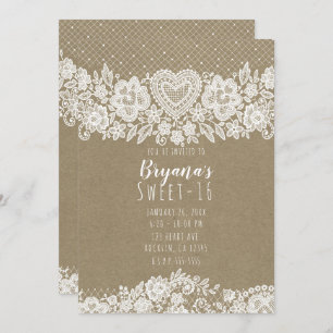 Rustic Kraft Lace Farmhouse Sweet 16 Birthday Invitation