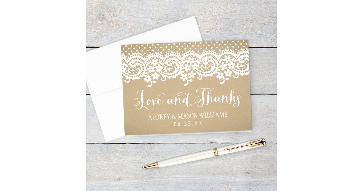 Rustic Kraft Lace Love and Thanks Wedding Thank You Card | Zazzle