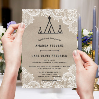 Rustic Kraft Lace Outdoor Tipi Tent Wedding Invitation