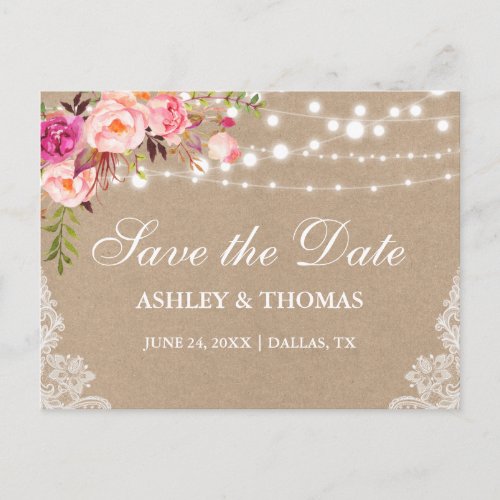 Rustic Kraft Lace Pink Floral Save the Date Announcement Postcard