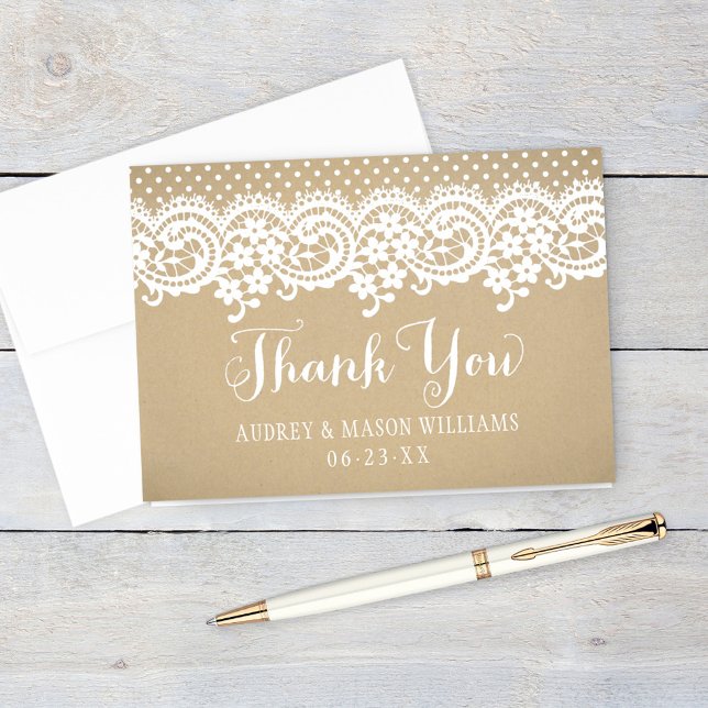 Rustic Kraft Lace Script Monogram Wedding Letterpress Thank You Card (Creator Uploaded)