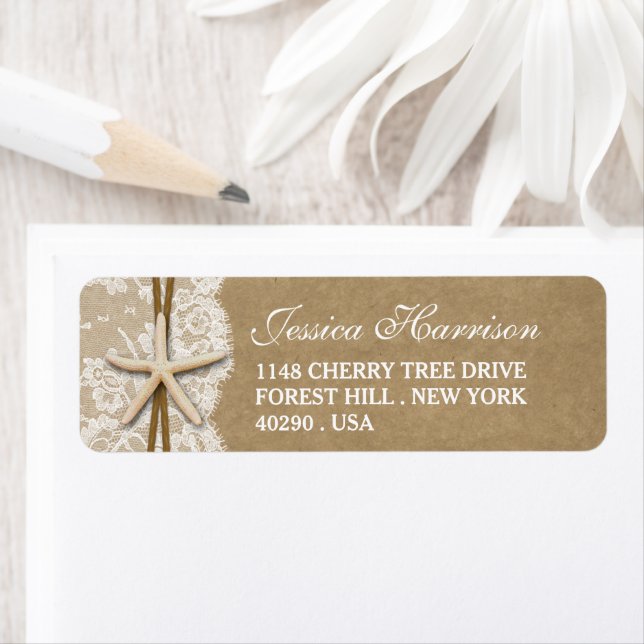 Rustic Kraft, Lace & Starfish Beach Bridal Shower Label (Insitu)