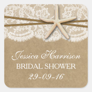 Rustic Kraft, Lace & Starfish Beach Bridal Shower Square Sticker