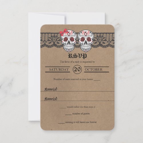 Rustic Kraft  Lace Sugar Skull Wedding RSVP cards