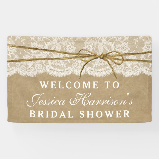 Rustic Kraft, Lace & Twine Bow Bridal Shower Banner (Horizontal)