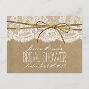 Rustic Kraft Lace Twine Bow Bridal Shower Recipe Invitation Postcard