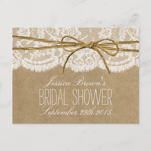 Rustic Kraft Lace Twine Bow Bridal Shower Recipe Invitation Postcard (Front)
