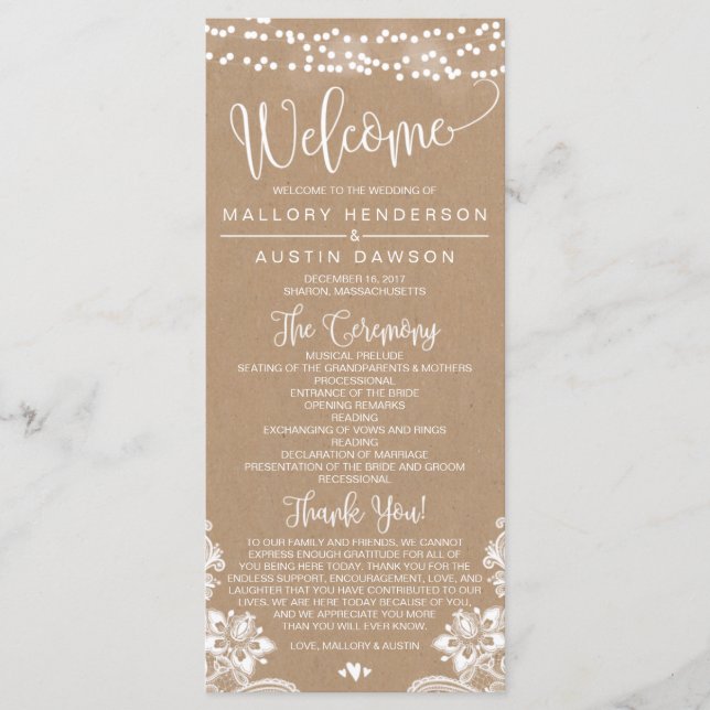 Rustic Kraft Lace Wedding Ceremony Program (Front)