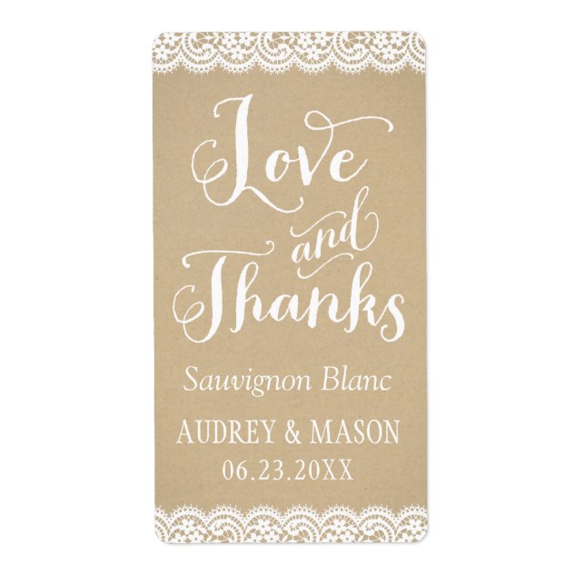 Rustic Kraft Lace Wine Wedding Favor Label (Front)