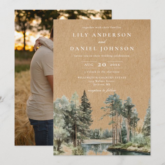 Rustic Kraft Lake Forest Woodland Photo Wedding Invitation (Front/Back)