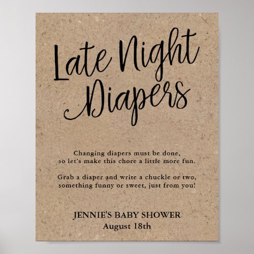 Rustic Kraft Late Night Diaper Shower Activity Poster