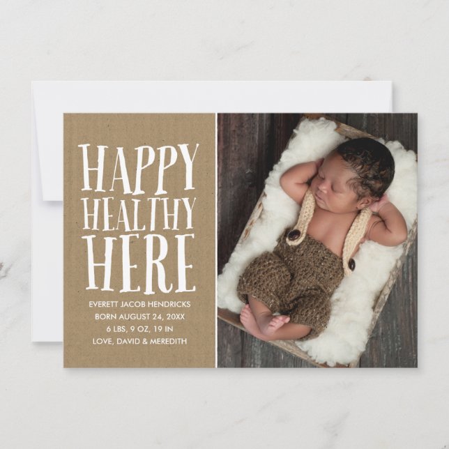 Rustic Kraft Lettering Photo Birth Announcement (Front)