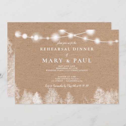 Rustic kraft lights winter pine rehearsal dinner invitation