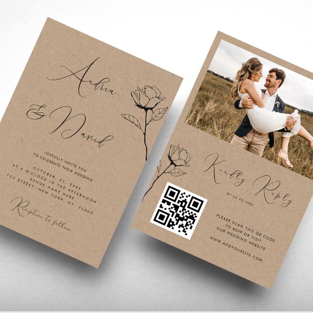 Rustic Kraft Look Drawn Rose QR Code RSVP Wedding Invitation (Creator Uploaded)