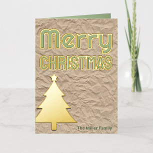 Rustic Kraft Look Folded Non-Photo Green Gold Foil Holiday Card