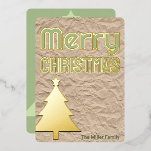 Rustic Kraft Look Trendy Non-Photo Green Gold Foil Holiday Card