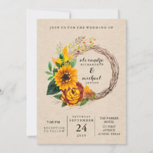 Rustic Kraft Look with Sunflower Wreath Wedding Invitation