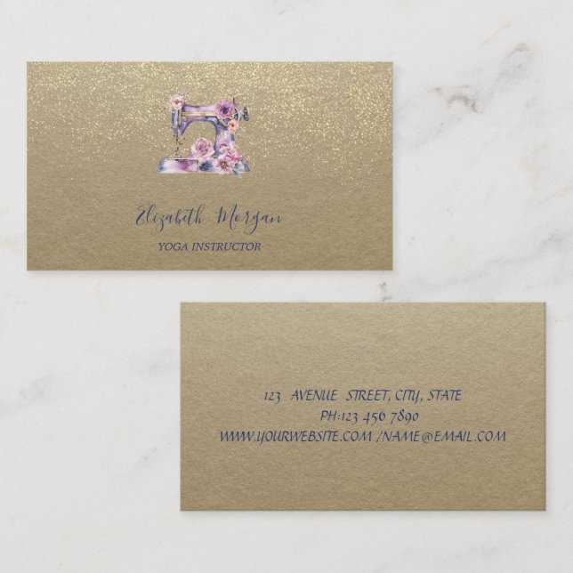 Rustic Kraft,Lotus,Gold Confetti Sewing Machine Business Card (Front/Back)