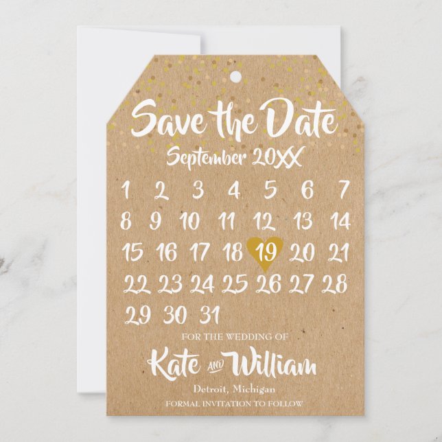 Rustic Kraft Love Heart Calendar Save the Date (Front)
