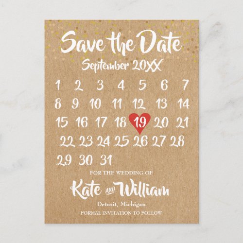 Rustic Kraft Love Heart Calendar Save the Date Announcement Postcard