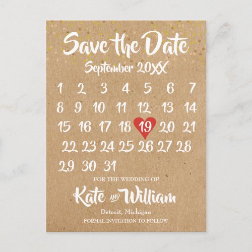 Rustic Kraft Love Heart Calendar Save the Date Announcement Postcard