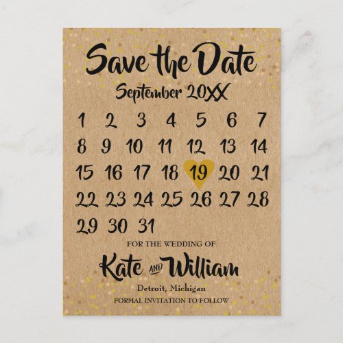 Rustic Kraft Love Heart Calendar Save the Date Announcement Postcard