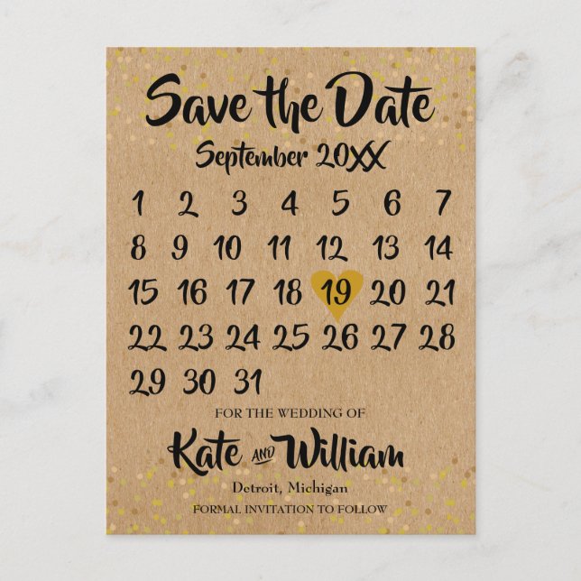 Rustic Kraft Love Heart Calendar Save the Date Announcement Postcard (Front)