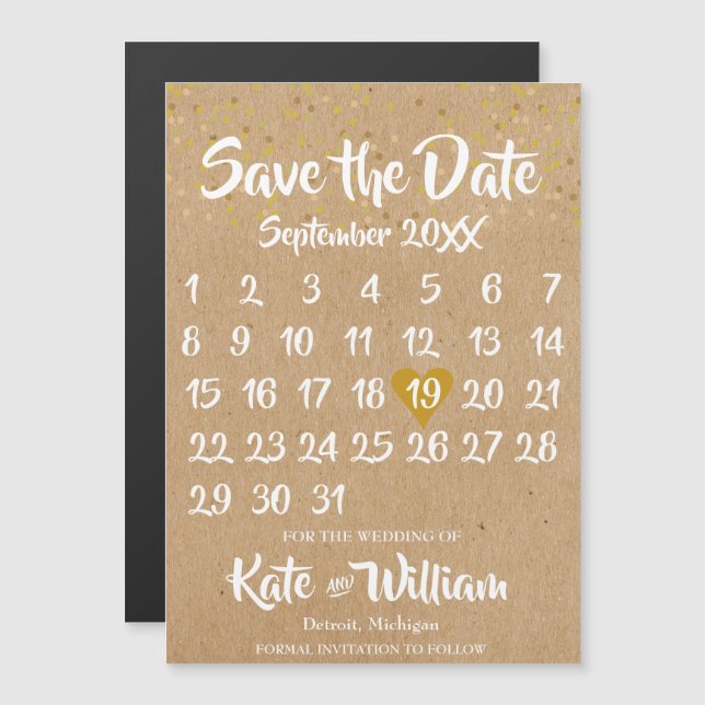 Rustic Kraft Love Heart Calendar Save the Date Magnetic Invitation (Front/Back)