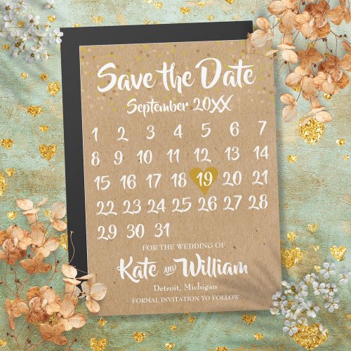 Rustic Kraft Love Heart Calendar Save the Date Magnetic Invitation