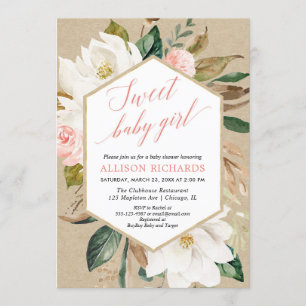 Rustic kraft magnolia floral fall girl baby shower invitation