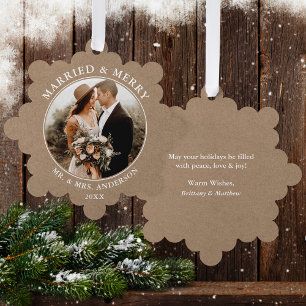 Rustic Kraft Married and Merry Wedding Photo Ornament Card