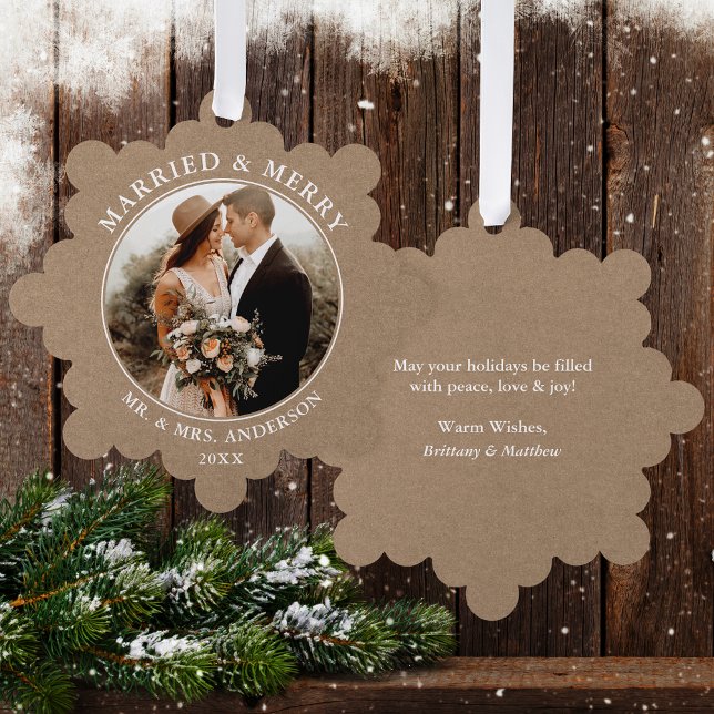 Rustic Kraft Married and Merry Wedding Photo Ornament Card (A greeting card that is also an ornament! Customize with your photo and personalized text.)