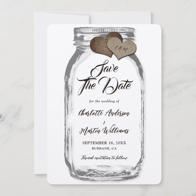 Rustic Kraft Mason Jar Burlap Hearts Wedding Save The Date (Front)