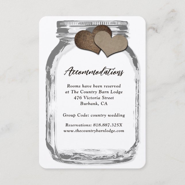 Rustic Kraft Mason Jar Hearts Accommodation Card (Front)
