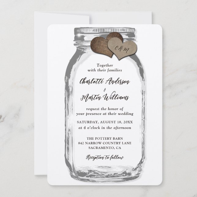 Rustic Kraft Mason Jar Two Burlap Hearts Wedding Invitation (Front)