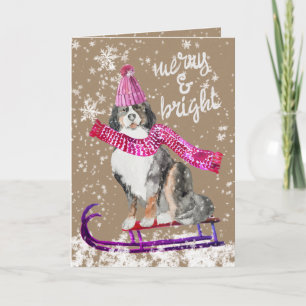Rustic Kraft Merry & Bright Dog Out Snow Sledding Holiday Card