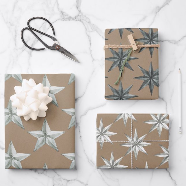 Rustic Kraft Metal Scandinavian Holiday Star Wrapping Paper Sheets (Front)