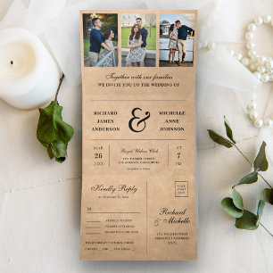 Rustic Kraft Minimal 3 in 1 Photo Collage Wedding Tri-Fold Invitation