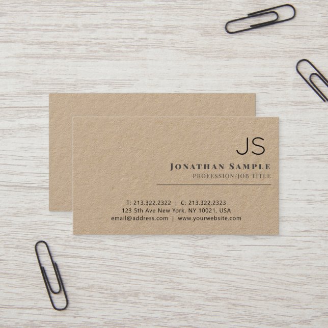 Rustic Kraft Minimalist Beige Monogrammed Business Card (Front/Back In Situ)