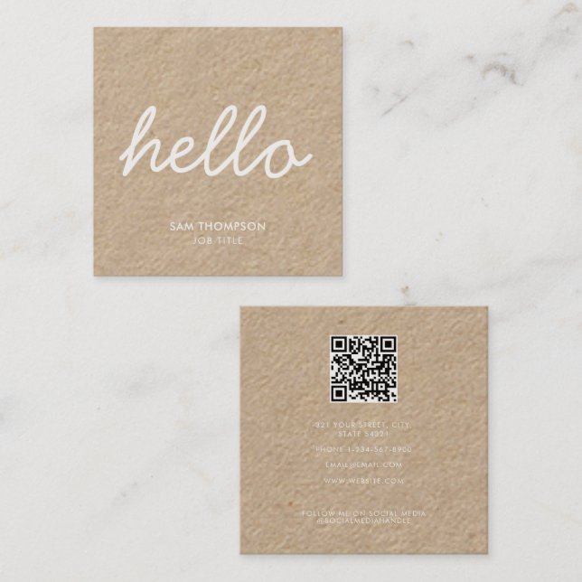 Rustic Kraft Minimalist Clean Simple QR Code Square Business Card (Front/Back)