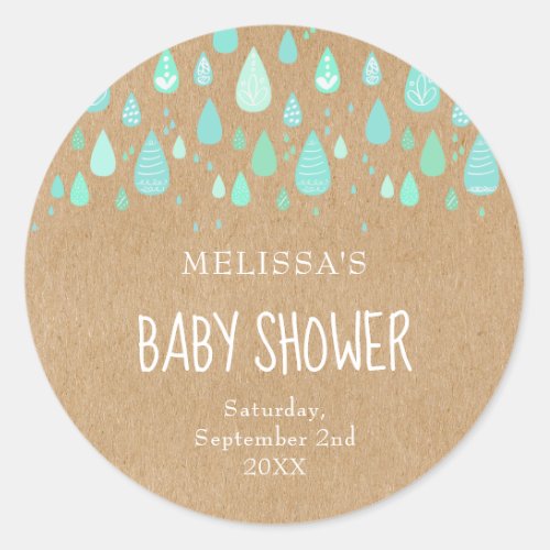 Rustic kraft mint green raindrops baby shower classic round sticker