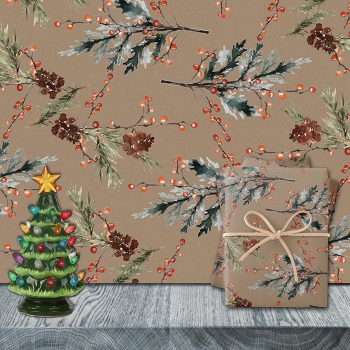 Rustic Kraft Mixed Spruce Pine Cones Red Berries Wrapping Paper Sheets